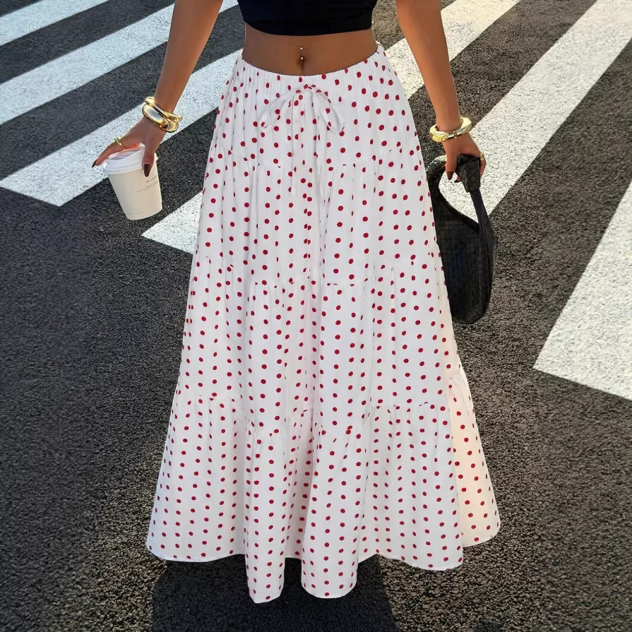 Damen Gestufter Maxirock mit elastischem Bund und Polka-Dot-Muster Echoarchiv