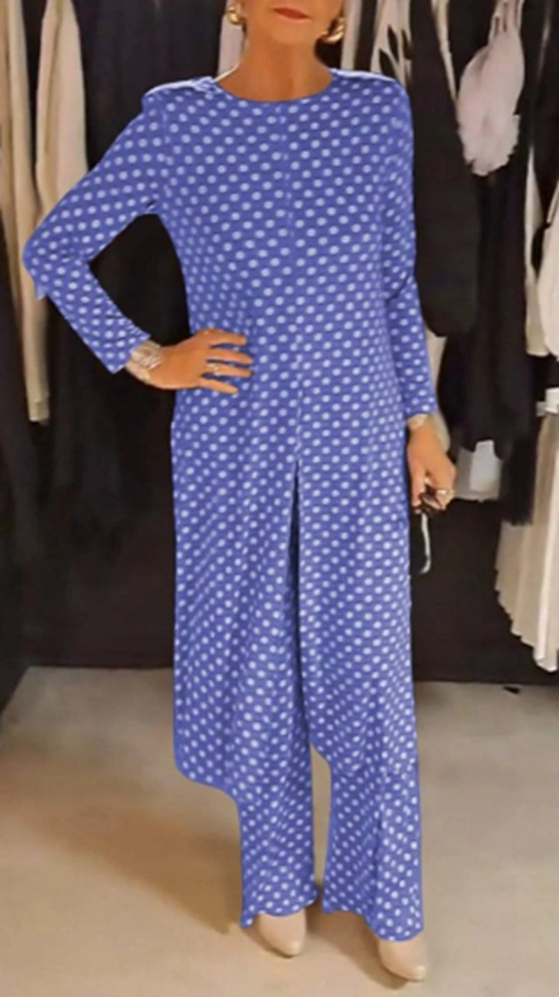 Damen nan Pünktchen-Lounge-Ensemble mit langer A-Linien-Tunika, mittigem Frontschlitz und weiter Palazzohose Echo Archiv