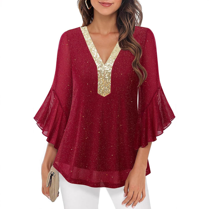 Damen Festliche Mesh-Bluse mit V-Ausschnitt, Paillettenbesatz und Volantärmeln – Élovi