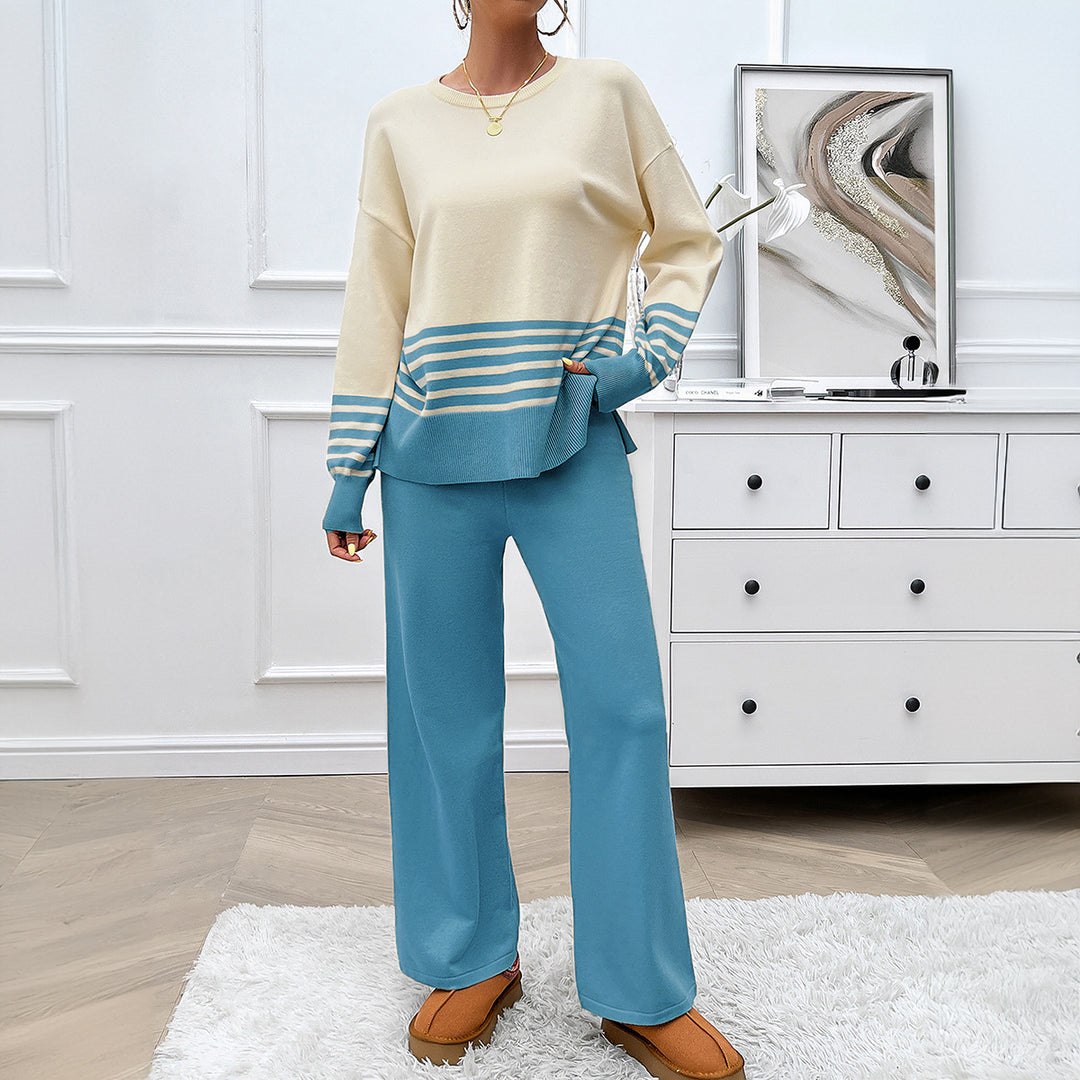 Damen nan lässiges Strick-Lounge-Set mit gestreiftem Rundhals-Pullover, Raglanärmeln und weiten taillenhohen Hosen Echo Archiv