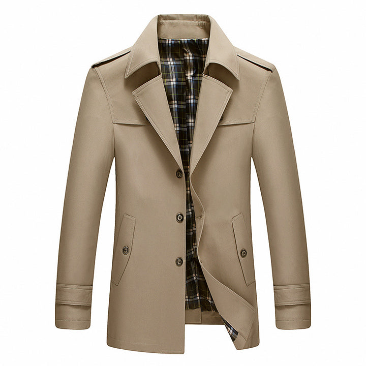 Herren Moderner Kurzmantel im Trenchcoat‑Look mit karierter Innenfütterung und Schulterklappen Echoarchiv