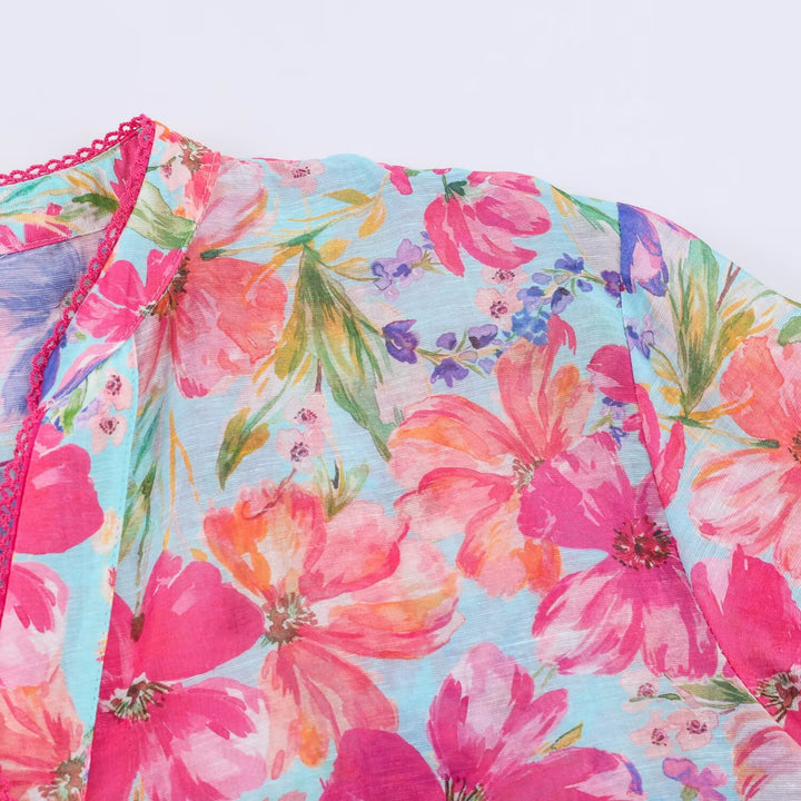 Damen Leichte Blumenbluse mit Stehkragen und dreiviertel Glockenärmeln Echo Archiv