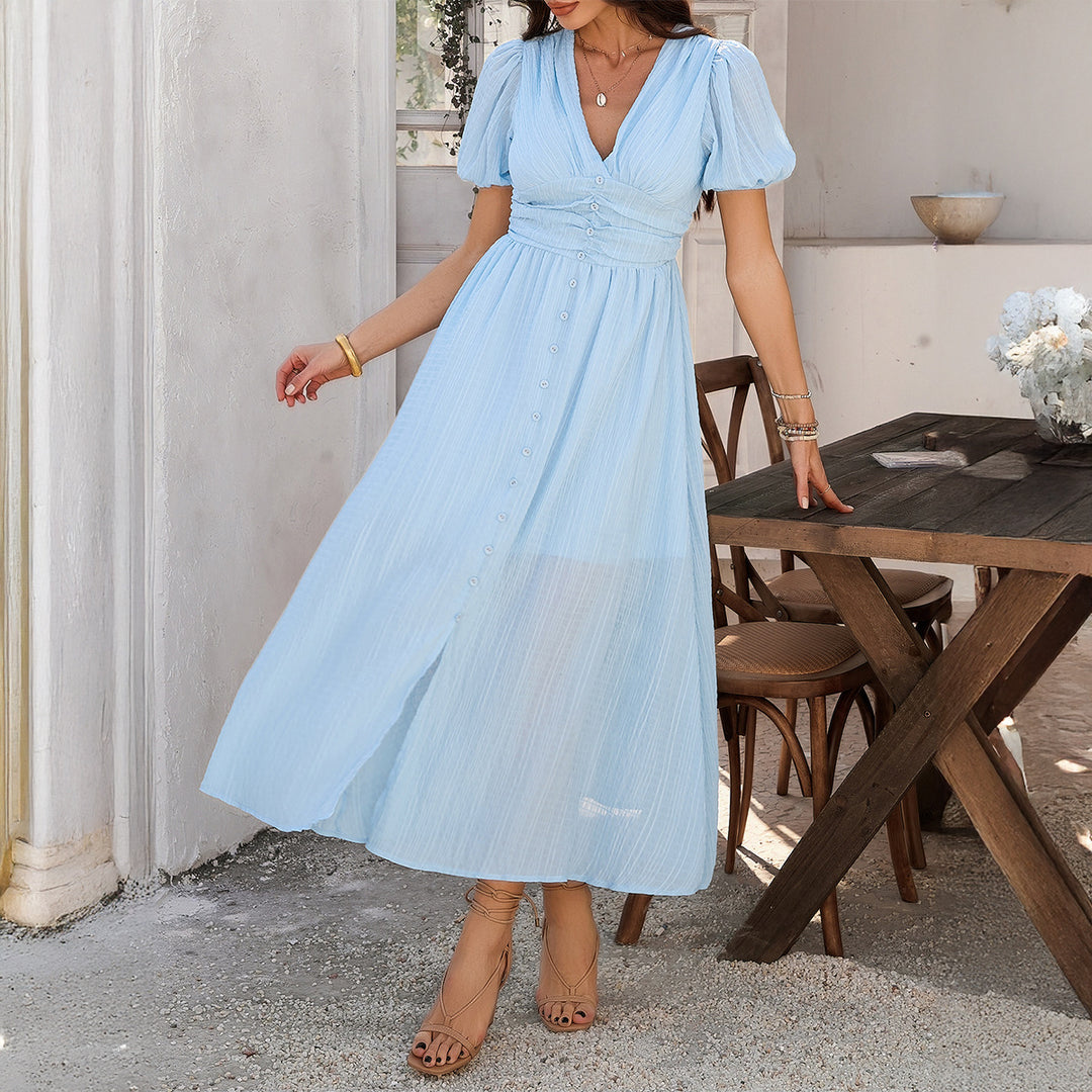Damen Maxikleid mit V-Ausschnitt und luftigen Puffärmeln Echo Archiv