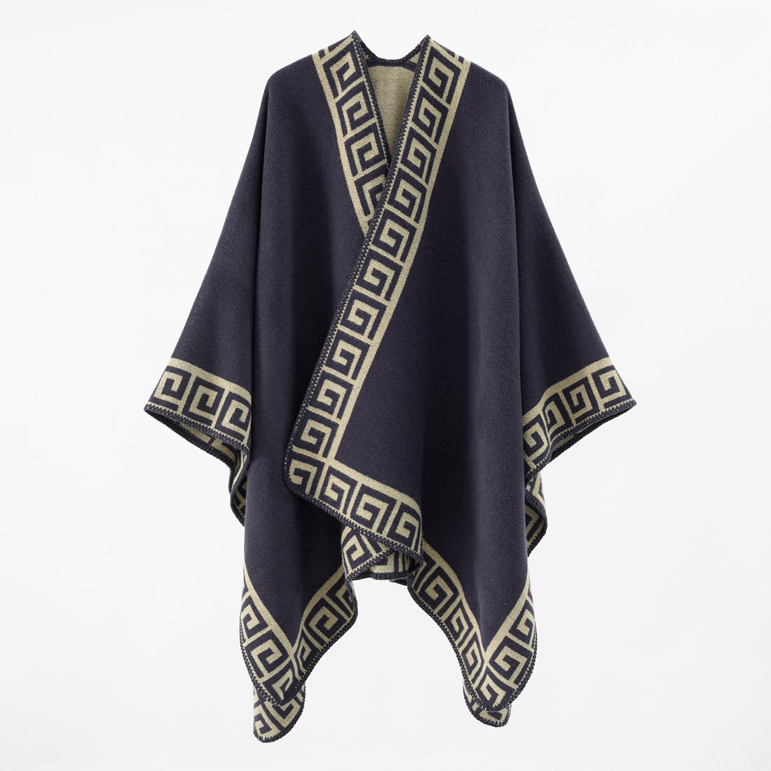 Damen Wollmix-Cape mit griechisch inspiriertem Bordürmuster und offenem Kimonofall – Montévia