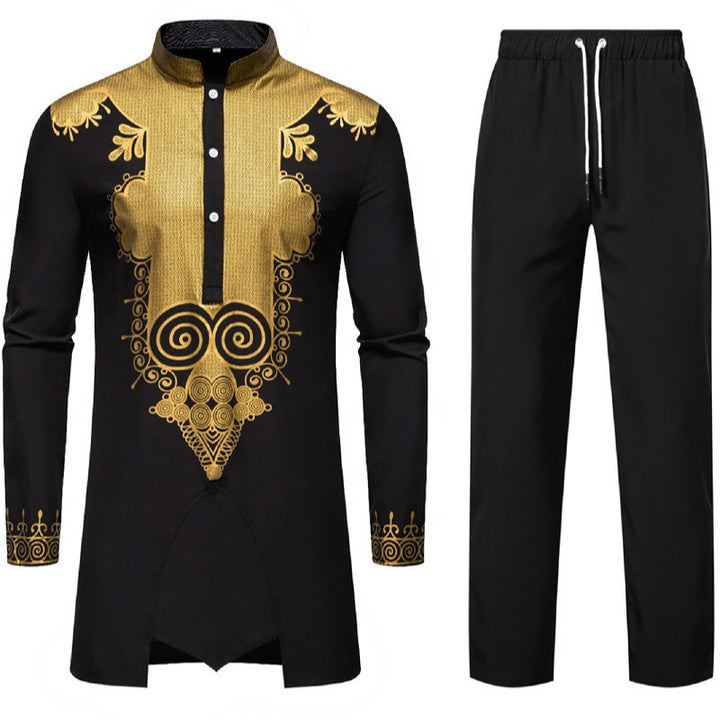 Herren Traditionelles Tunika-Set mit Mandarinkragen und goldverzierten Ornamenten Echo Archiv