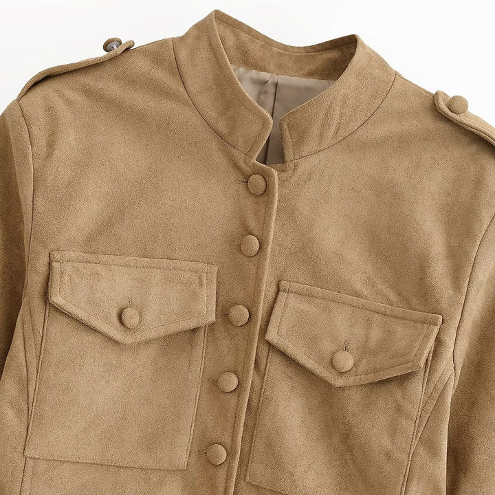 Damen taillierte Safari-Jacke in Velourslederoptik mit Pattentaschen Echo Archiv