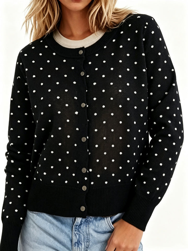 Damen Gepunktete Feinstrick-Cardigan mit Rundhals und Rippbündchen – Veloura