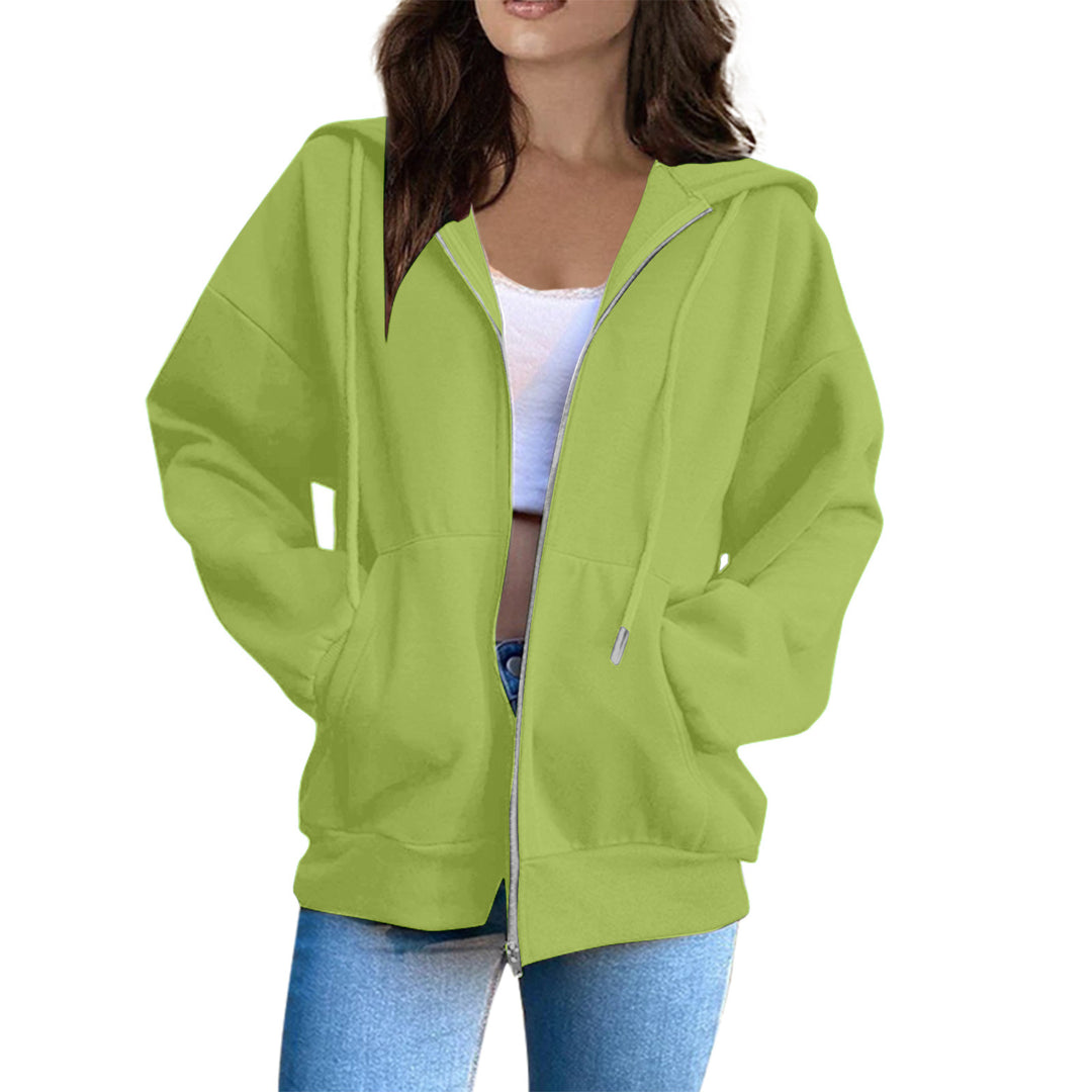 Damen lässige Kapuzenjacke mit durchgehendem Reißverschluss, Kängurutaschen und voluminösen Raglanärmeln – Auréline