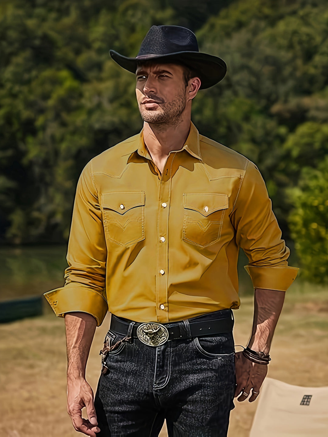 Herren Westernhemd mit kontrastierenden Nähten und Brusttaschen Echoarchiv
