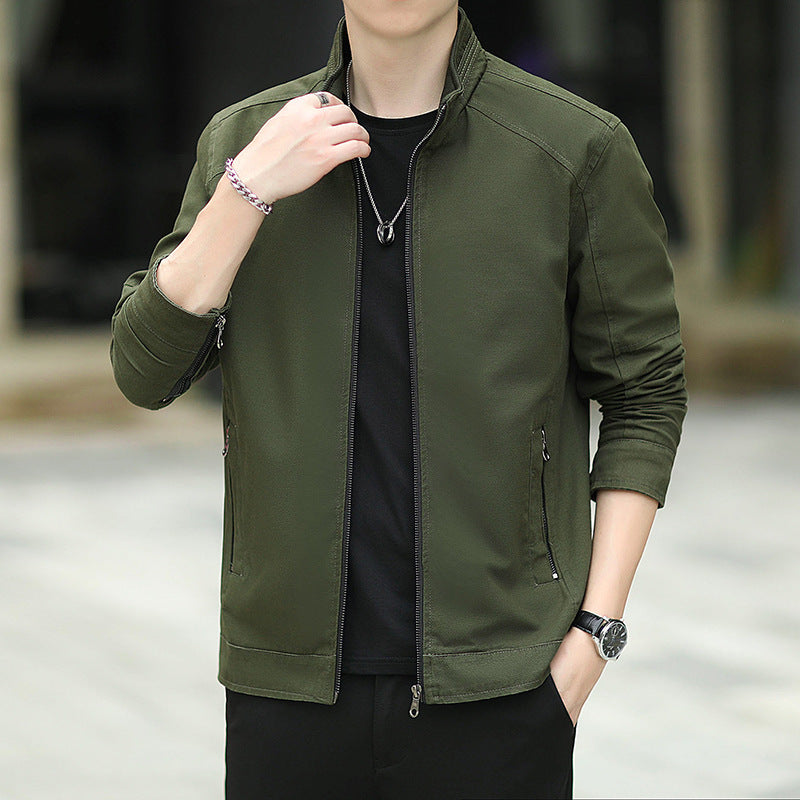Herren Minimalistische Utility-Übergangsjacke aus Baumwoll-Canvas mit Stehkragen und Reißverschlusstaschen Echoarchiv