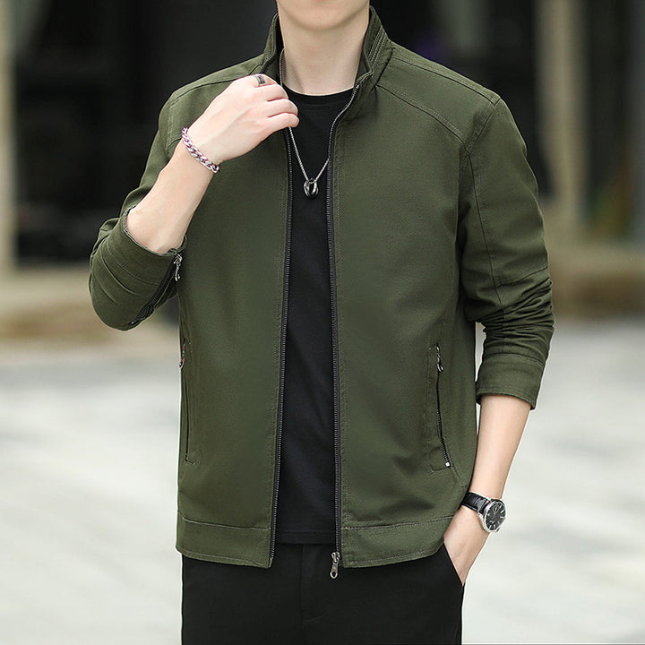 Herren Minimalistische Utility-Übergangsjacke aus Baumwoll-Canvas mit Stehkragen und Reißverschlusstaschen Echoarchiv