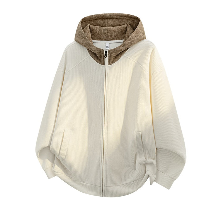 Damen Oversize Strick-Kapuzenjacke mit durchgehendem Reißverschluss, Kontrastkapuze & geripptem Strukturmix Echoarchiv