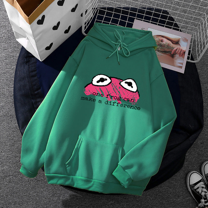Damen relaxed-fit Kapuzenpullover mit gestempelter Froschgrafik, Kängurutasche und Kordelzug – Auréline