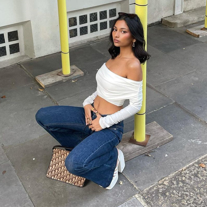 Damen Offshoulder Crop-Top mit Raffung Echo Archiv