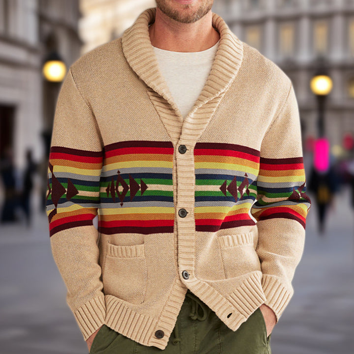 Herren Strickjacke mit bunten Mustern und gemütlichem Schalkragen Echoarchiv