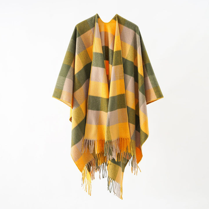 Damen Oversize-Wrapponcho aus Wollmix mit grafischem Rautenmuster und Fransensaum – Célinea