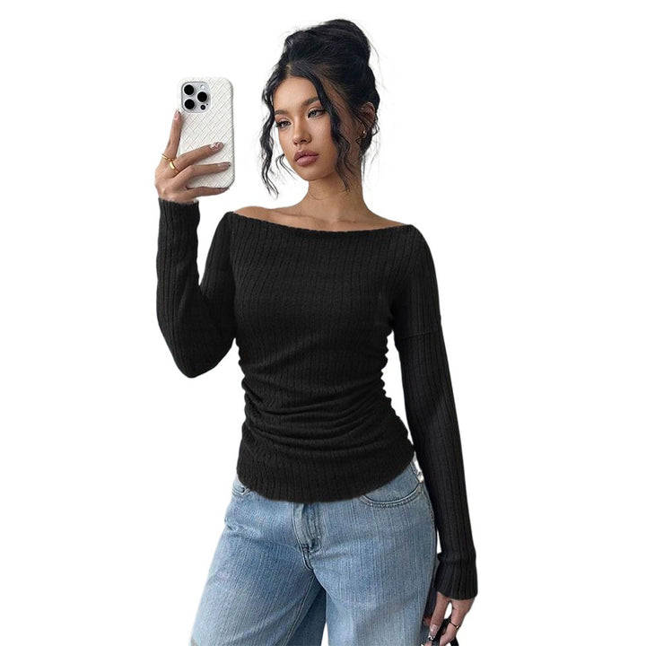 Damen schulterfreies geripptes Langarmshirt mit taillierter Raffung und figurbetontem Stretch – Avérine