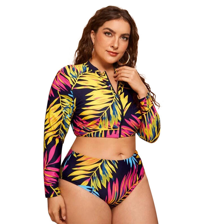 Damen Surf-Bikini-Set mit langärmligem Oberteil und buntem Palmendruck Echo Archiv