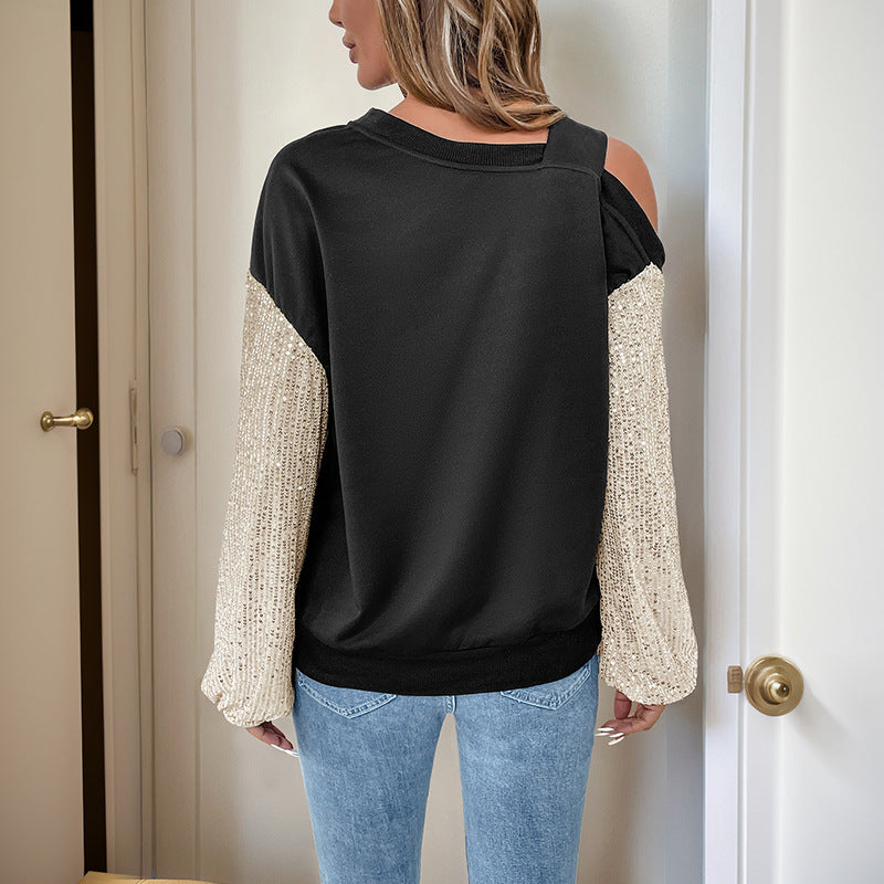 Damen Asymmetrisches Sweatshirt mit Schulterauschnitt und Paillettenstrickärmeln Echoarchiv