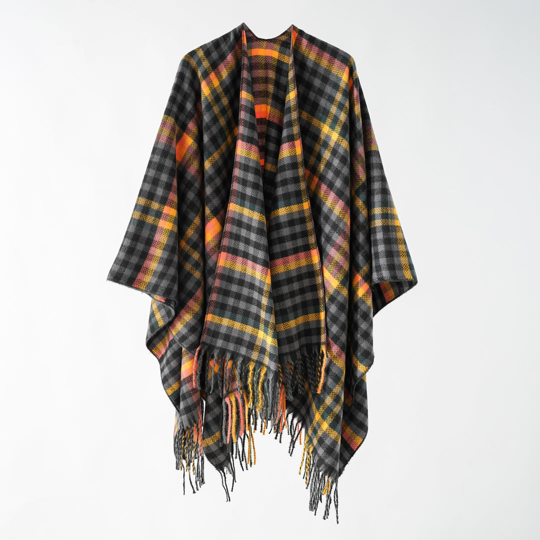Damen Karierter Wollmix Poncho mit Fransen und offenem Oversize Fall Echo Archiv