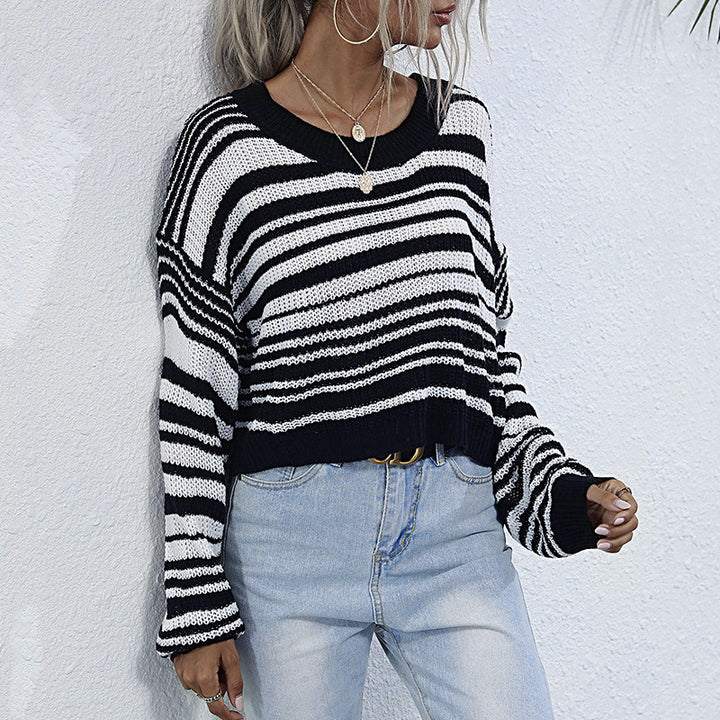 Damen Cropped-Strickpullover mit Off-Shoulder, lockerer Oversize-Passform & Streifenmuster Echoarchiv