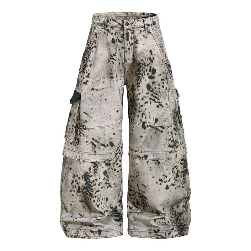 Damen weite Cargo-Culotte-Hose mit Batik-Splatterprint und Multi-Taschen Echoarchiv