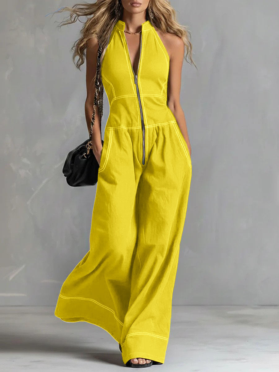 Damen Ärmelloser Halter-Jumpsuit mit Reißverschluss, weitem Bein und Eingrifftaschen Echoarchiv