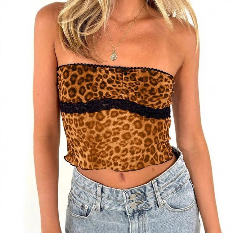 Damen Bandeau-Top mit trendigem Leopardenmuster und zarter Spitzenkante Echo Archiv
