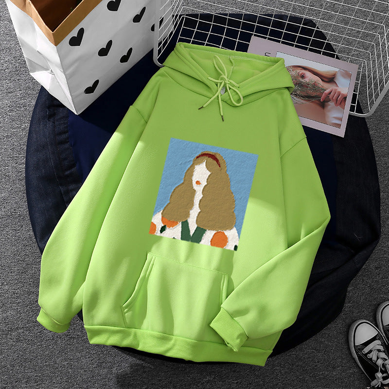 Damen Kapuzenpullover mit kunstvoller Chenille-Stickerei im Portraitstil und Kängurutasche – Auréline