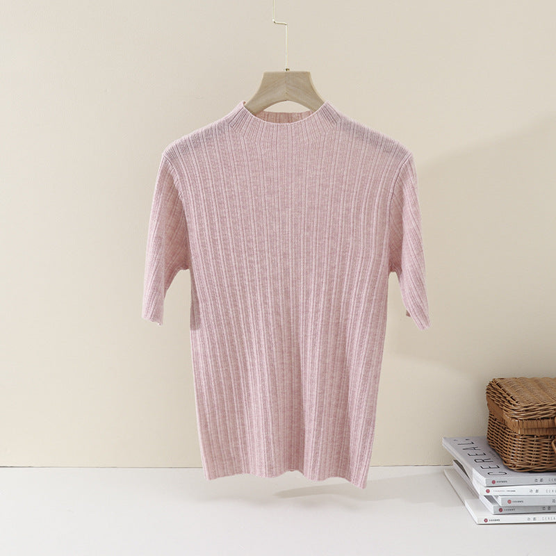 Damen Feines Geripptes Kurzarm-Feinstrickshirt mit Stehkragen Echo Archiv