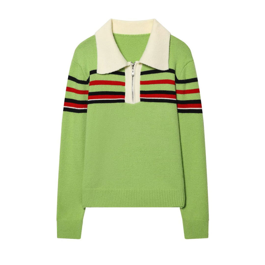 Damen Gestreifter Strickpullover mit halbem Reißverschluss und großem Hemdkragen Echoarchiv