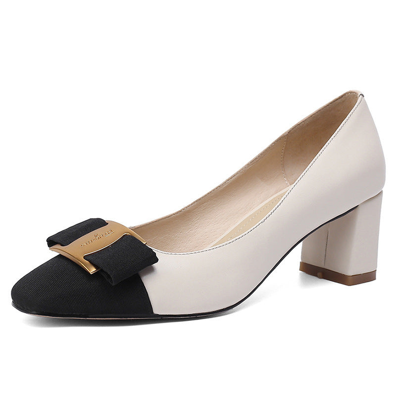 Damen nan zweifarbige Pumps mit Kontrastspitze dekorativer Schleife und mittelhohem Blockabsatz Echo Archiv