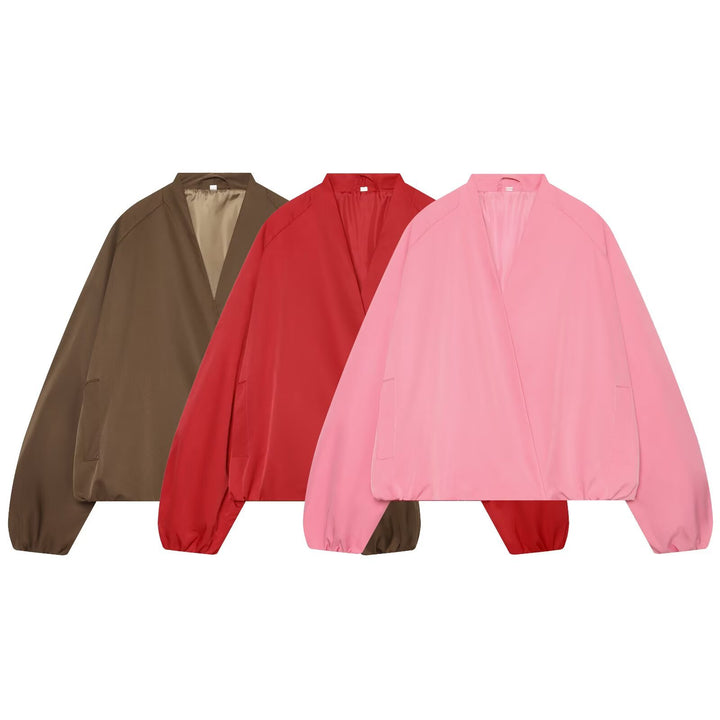 Damen Oversize Cropped Bomberjacke mit offenem V-Ausschnitt und elastischem Saum Echo Archiv