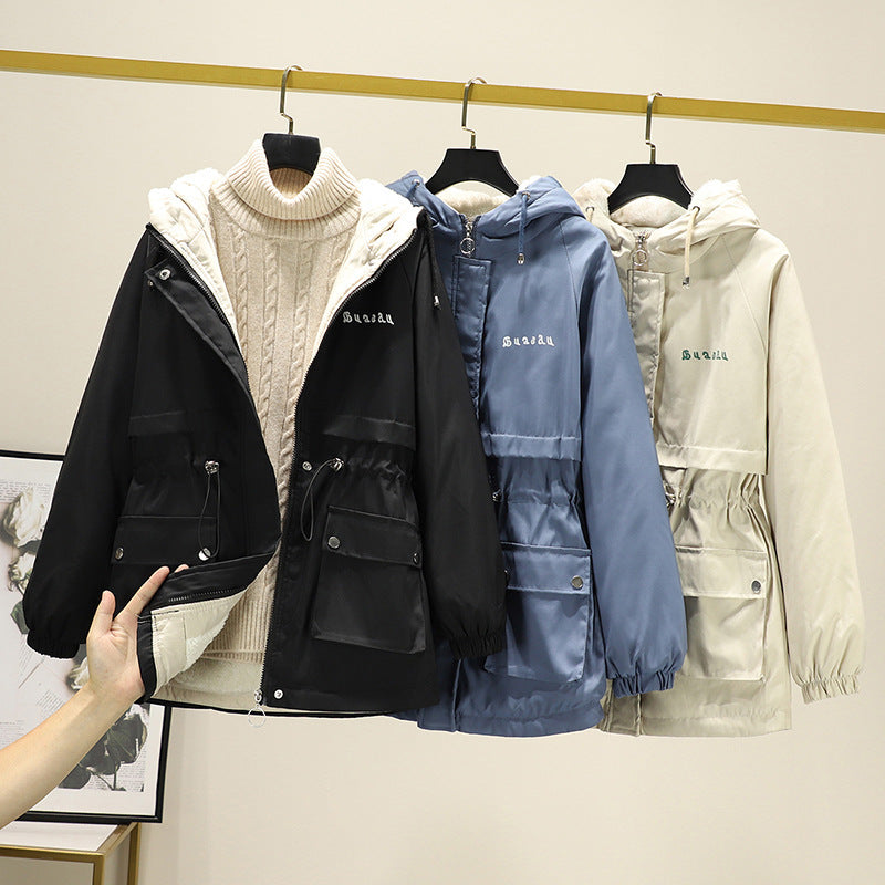 Damen Wasserabweisender Kapuzenparka mit Teddyfutter Tunnelzugtaillierung und Mehrfachtaschen – Célinea