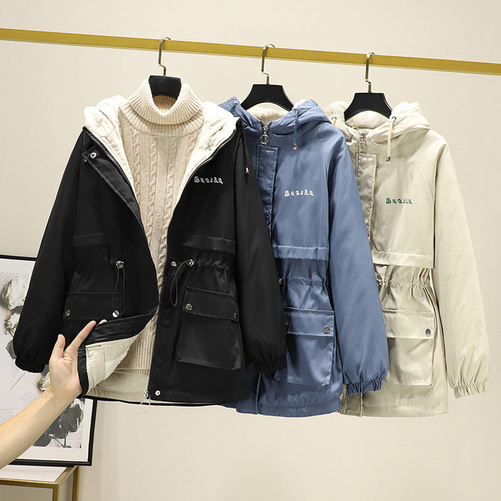 Damen Wasserabweisender Kapuzenparka mit Teddyfutter Tunnelzugtaillierung und Mehrfachtaschen – Célinea