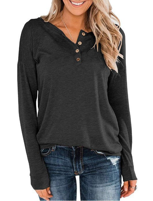 Damen modisches Langarm-Henley-Shirt mit Knopfleiste Echoarchiv