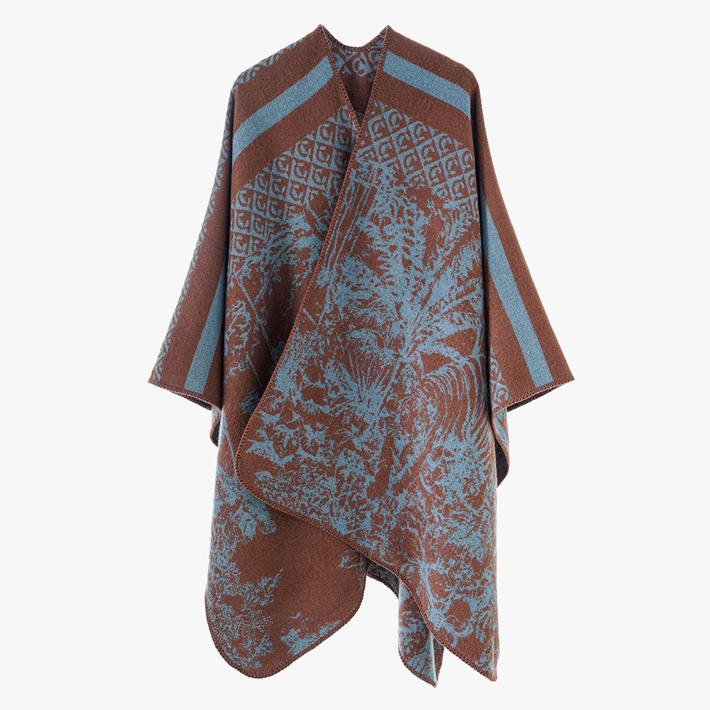 Damen Jacquard-Strickcape mit Stehkragen und grafischem Waldmotiv – Avérine