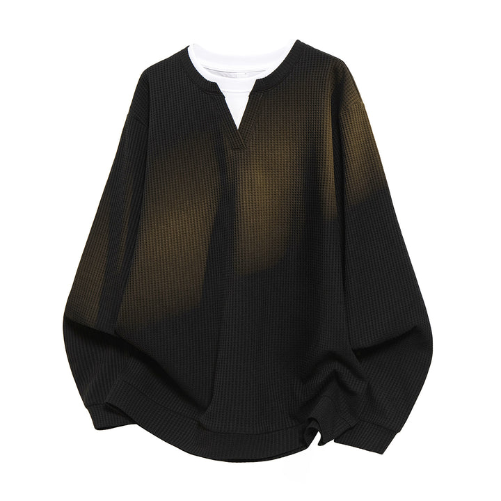 Herren Oversize Waffelstruktur-Langarmshirt mit V‑Einsatz und Layering-Optik Echo Archiv