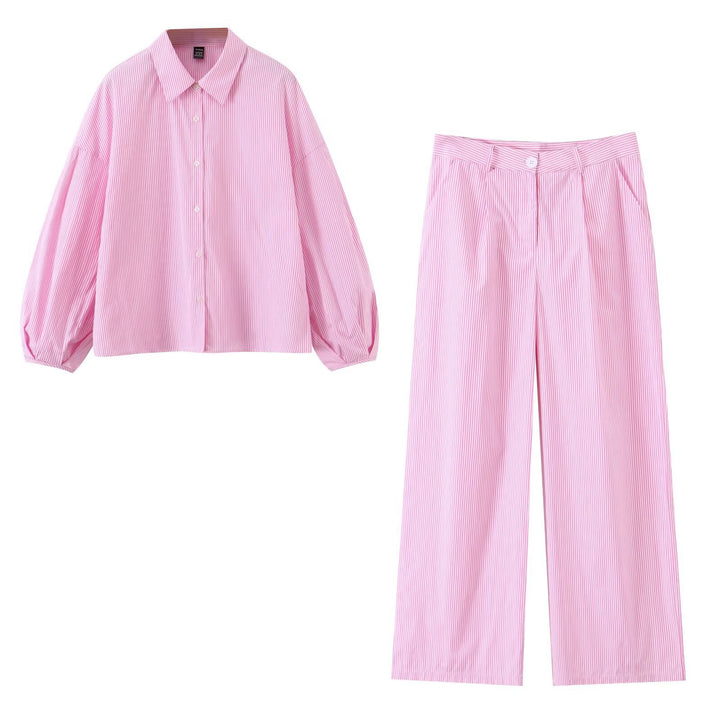 Damen Zweiteiliges gestreiftes Set mit Oversize-Hemd und High‑Waist-Plazzohose Echo Archiv