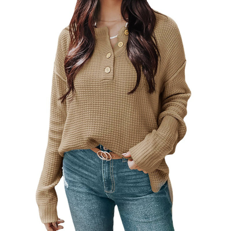 Damen nan lockerer Waffelstruktur Henley Pullover mit Knopfleiste und überschnittener Schulter Echo Archiv