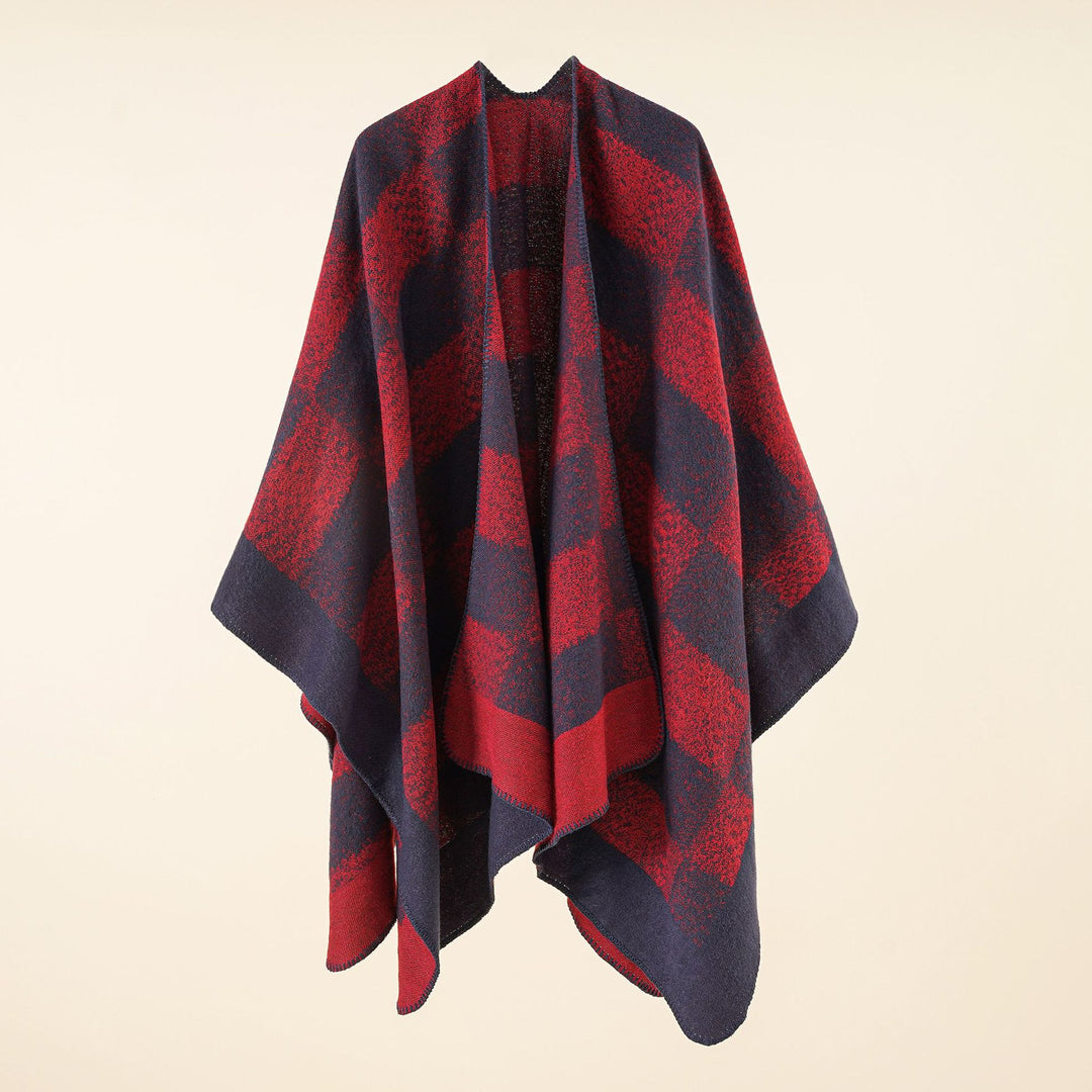 Damen Vielseitiger Wollmix-Überwurf im kastigen Kimono-Fall mit großflächigem Karojacquard – Montévia