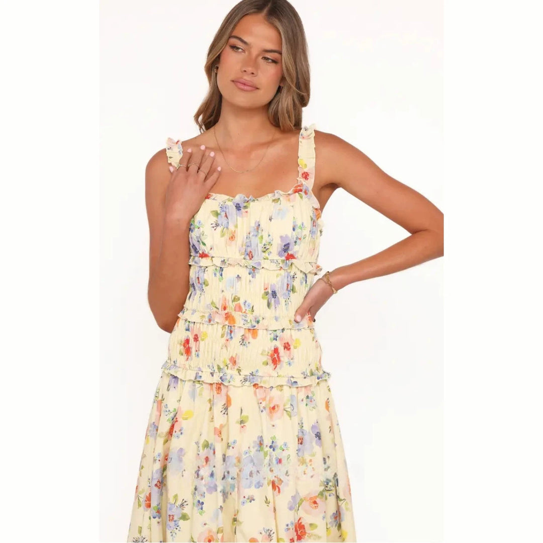 Damen nan luftig-leichte Stufenmidikleid mit gerafftem Oberteil und Rüschen-Trägern Echo Archiv