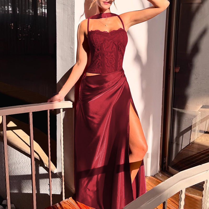Damen elegantes Maxikleid mit Spitzenoberteil und fließendem Rock Echo Archiv