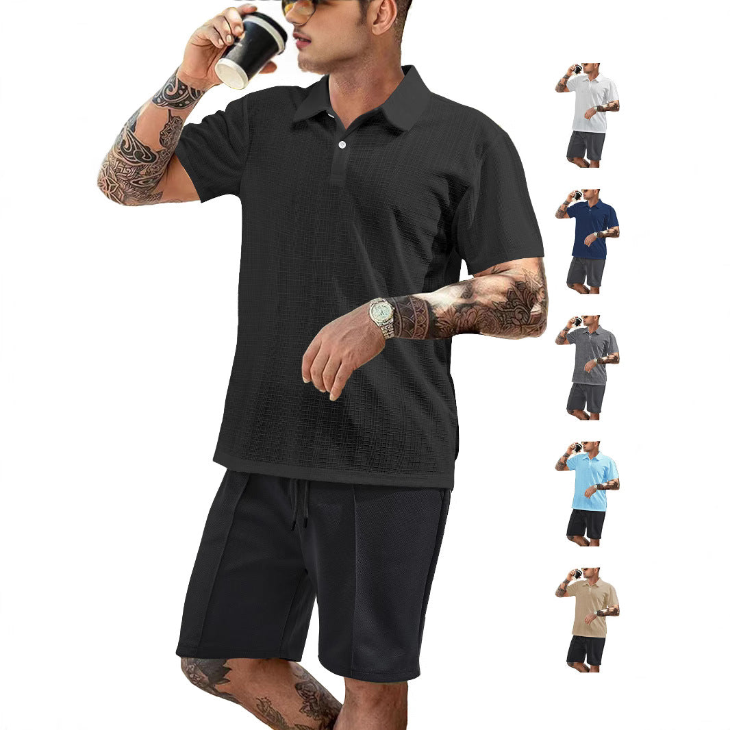 Herren nan zweiteiliges Sommer-Reise-Set mit texturiertem Kurzarm-Poloshirt und funktionalen Mesh-Shorts Echo Archiv