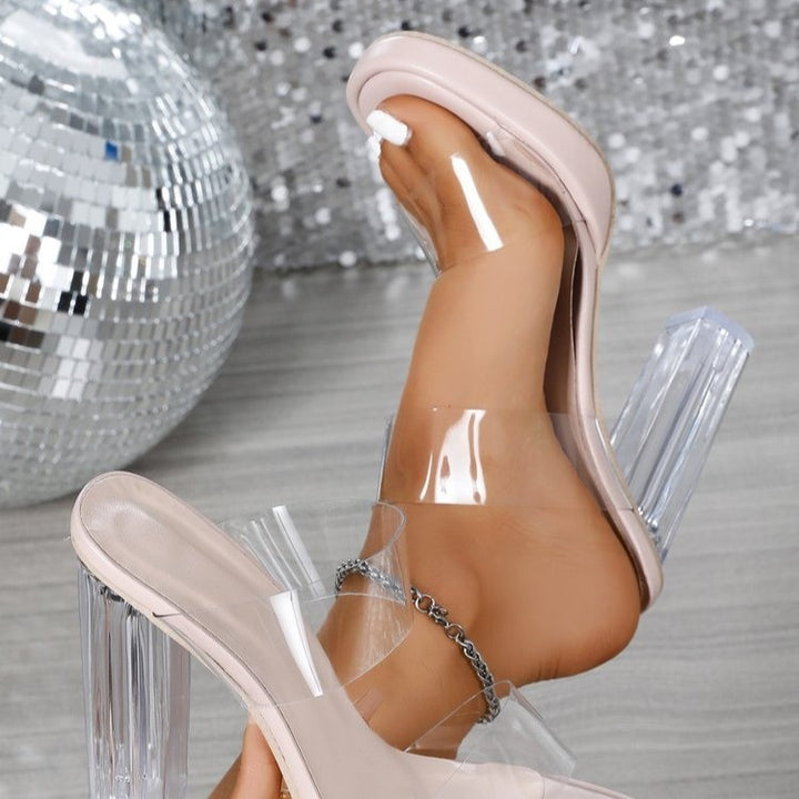 Damen Zweistreifige Mule-Sandalette mit transparenten PVC-Riemen und facettiertem Acrylblockabsatz – Sorelia
