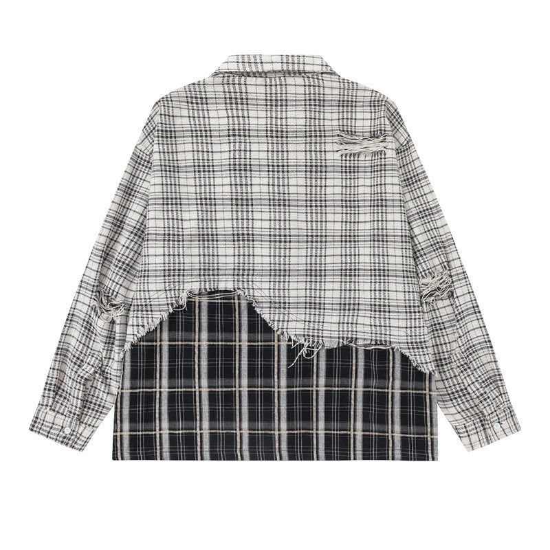 Unisex Oversize-Hemdjacke mit Lagenlook, ausgefranstem Saum und Karomix Echoarchiv