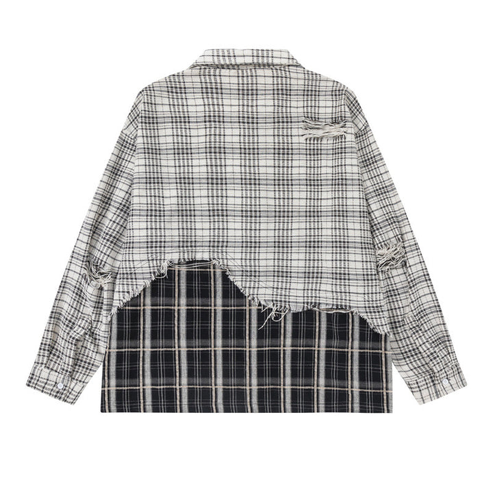 Unisex Oversize-Hemdjacke mit Lagenlook, ausgefranstem Saum und Karomix Echoarchiv