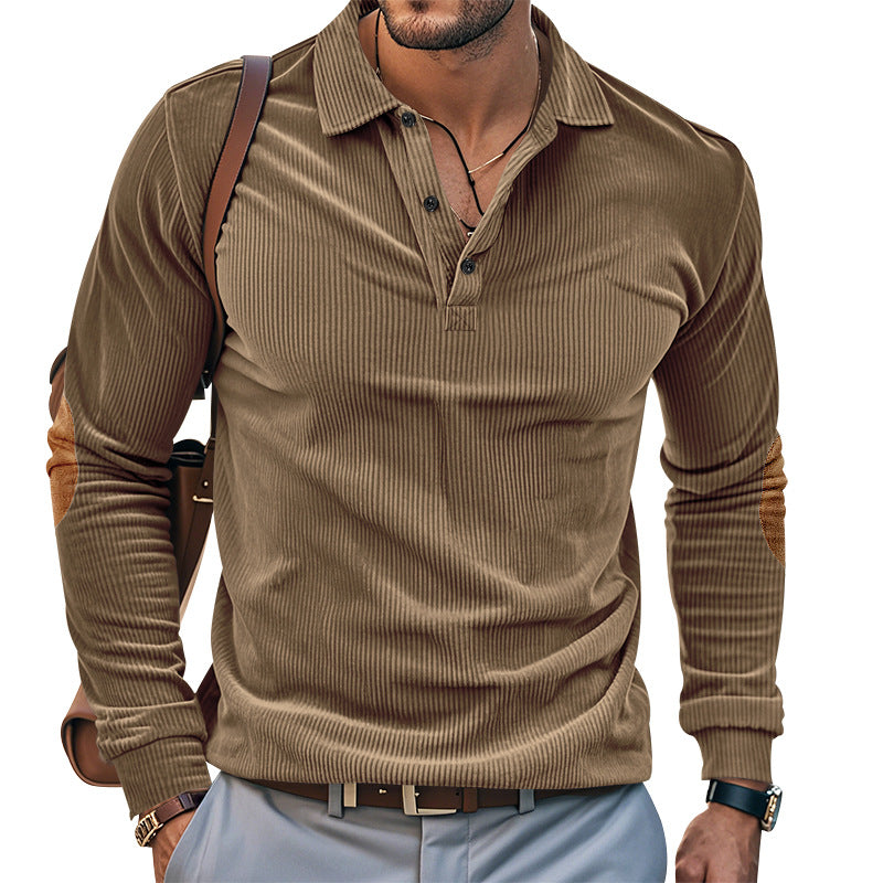 Herren lässiges Langarm-Henley-Shirt mit strukturiertem Rippenstoff und kontrastierenden Ellbogenpatches Echoarchiv