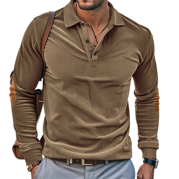 Herren lässiges Langarm-Henley-Shirt mit strukturiertem Rippenstoff und kontrastierenden Ellbogenpatches Echoarchiv