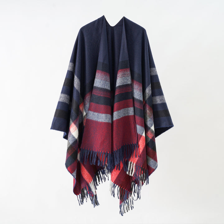 Damen Grobgewebte Cape‑Ruana im Oversize mit verlaufendem Karomuster und Fransensaum Echo Archiv